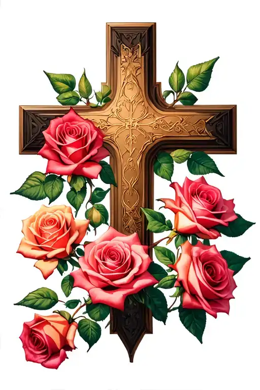 Rose Cross surrounded. 2 opened roses, 5 closed roses tattoo design idea