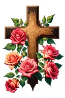 Rose Cross surrounded. 2 opened roses, 5 closed roses tattoo design idea