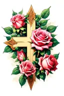 Rose Cross surrounded. 2 opened roses, 5 closed roses tattoo design idea