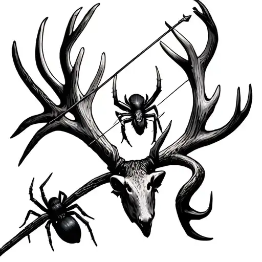 a bow and arrow made out of elk antlers and a spiders silk as the sting and the spider is hanging off the bow tattoo design idea