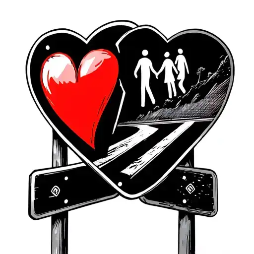 2 hearts walking down 1 road road sign tattoo design idea