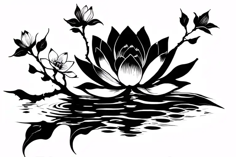 minimalist tattoo using a lotus flower, water and cherry blossoms going horizontally across the abdomen tattoo design idea