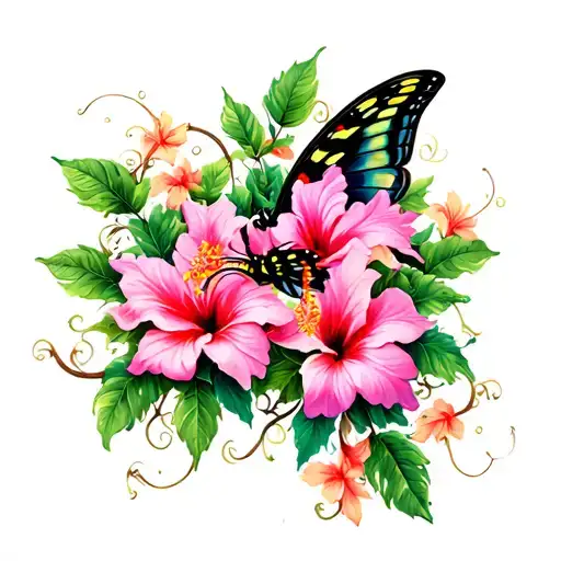 swallowtail butterfly hibiscus flowers with vines  tattoo design idea