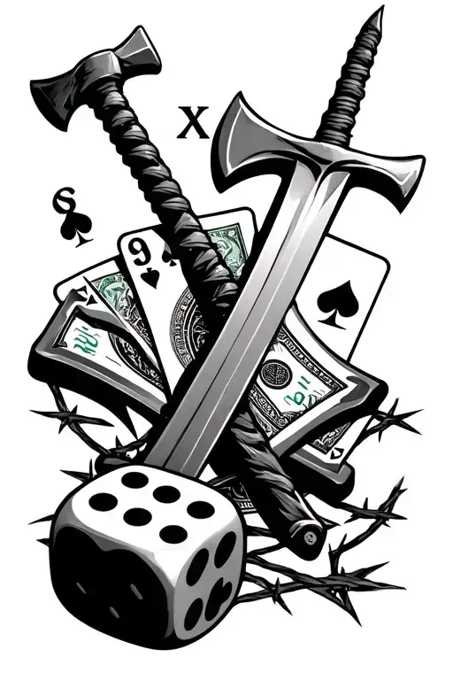 Poker cards money dice hammers axes swords knives $ barbed wire tattoo design idea