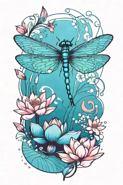 Dragonfly resting on a lotus flower with cherry blossom petals falling around them tattoo design idea