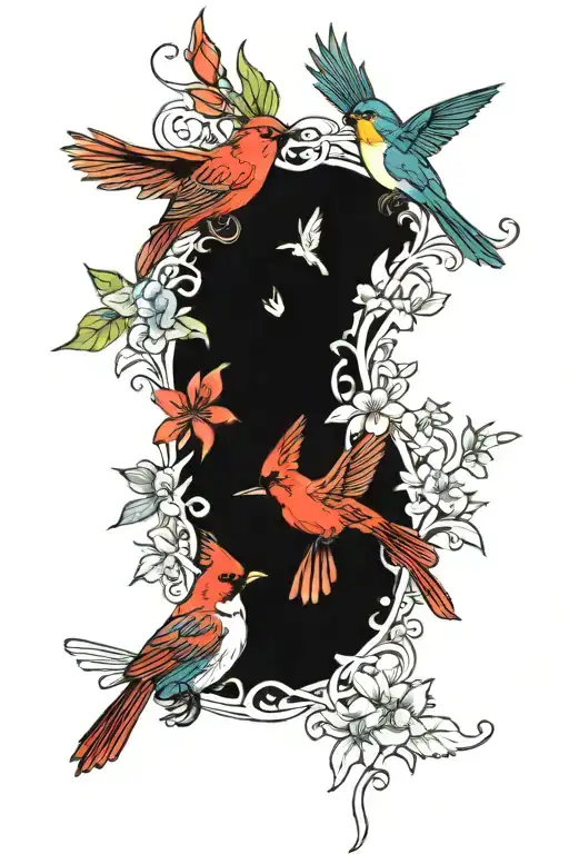 honeysuckle vines with various flowers with red cardinal and hummingbirds  tattoo design idea