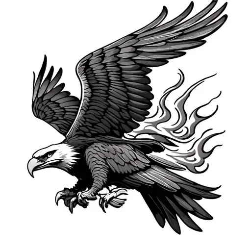 a monochrome tattoo design of a fierce eagle with outstretched wings, featuring realistic feather textures and flames at tattoo design idea