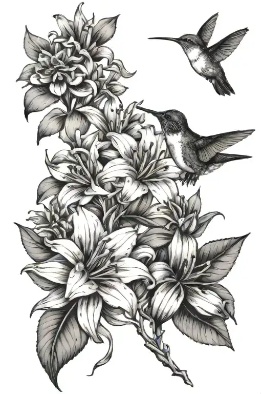 fine line dasies and lilys with a smalll hummingbird tattoo design idea
