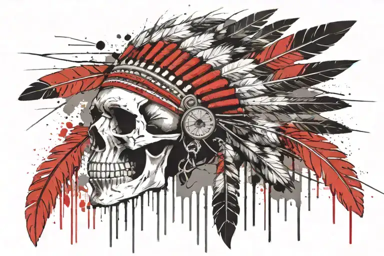 skull wearing a native American headdress made out of machine guns with a war zone in the background  tattoo design idea