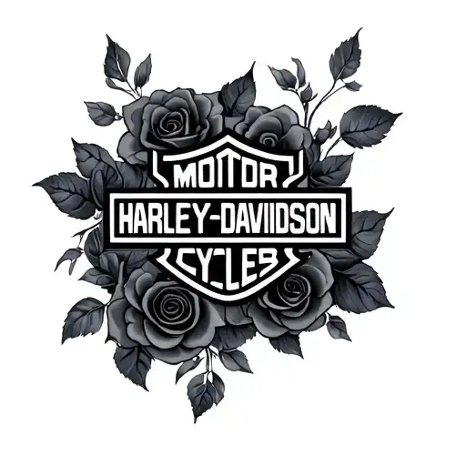a black and grey Harley Davidson logo with softly shaded black and grey roses around it tattoo design idea