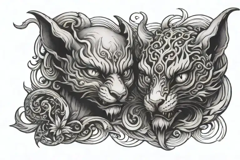 representation of good and evil with two animal faces against each other tattoo design idea