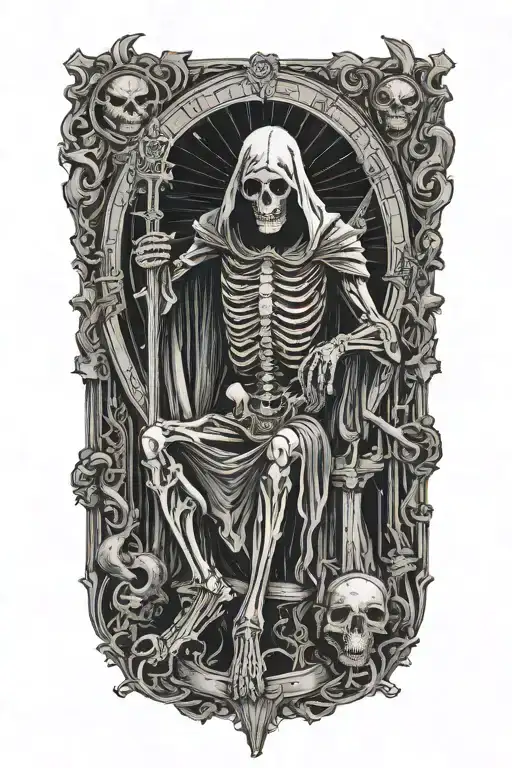 Tarot card, death. Represented as a hooded skeletal figure, posing like Baphomet tattoo design idea
