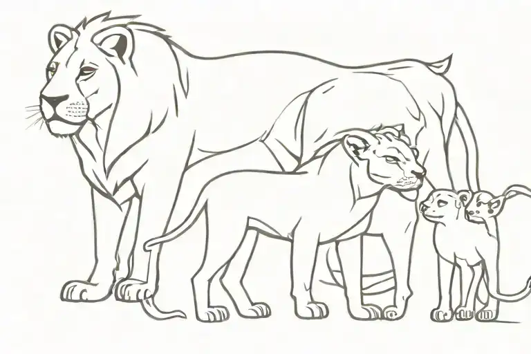 a lion with a lioness and 3 lion cubs tattoo design idea