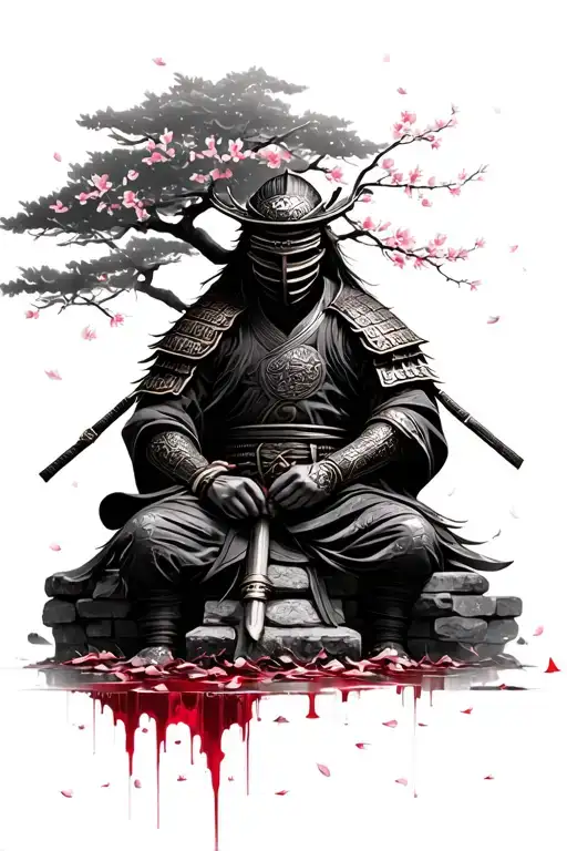 The face is hidden by the mask samurai sits on stone from stone flowing blood and the petals of sakura falls tattoo design idea