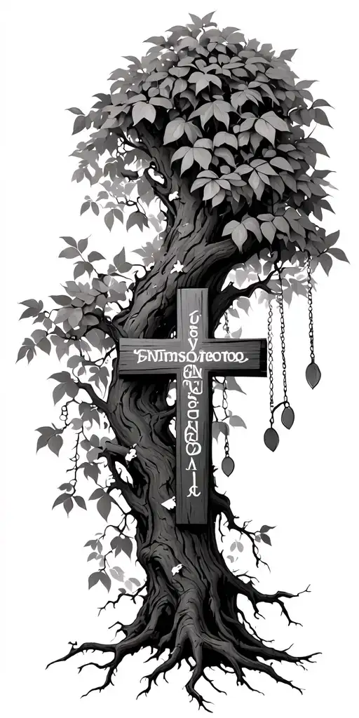 Vine Tree with a cross in the middle with names hanging  tattoo design idea