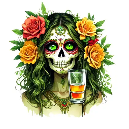 green eyed pretty girl with face made from vines and la catrina skeletons drinking a shot of tequila  tattoo design idea