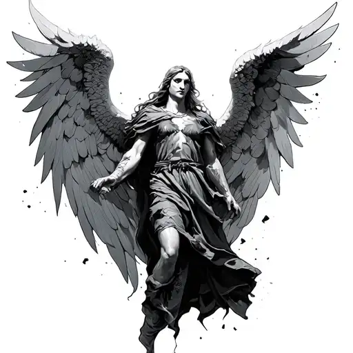 archangel draped in distressed denim tattoo design idea