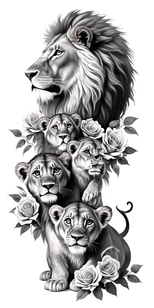 lion family father looking over mother and 2 cubs intertwined with roses tattoo design idea