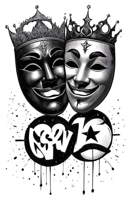 smile now cry later as two theatre masks with the gemini star sign logo faded in the middle of the masks tattoo design idea