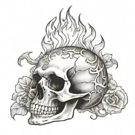 human skull with fire tattoo design idea