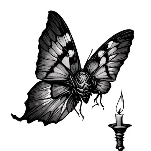 Tatto style  ,  dark realism Tatto style A moth flying toward a candle or flame, wings already singed , sin of lust tattoo design idea