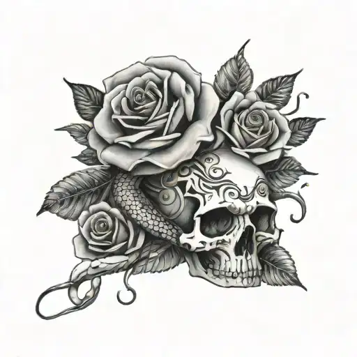 crawling snake on forearm with roses and skull butterflies  tattoo design idea