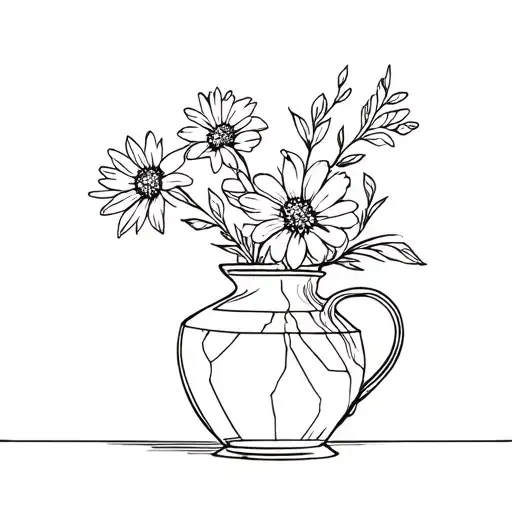 broken vase with flowers, fine line tattoo, less flowers tattoo design idea