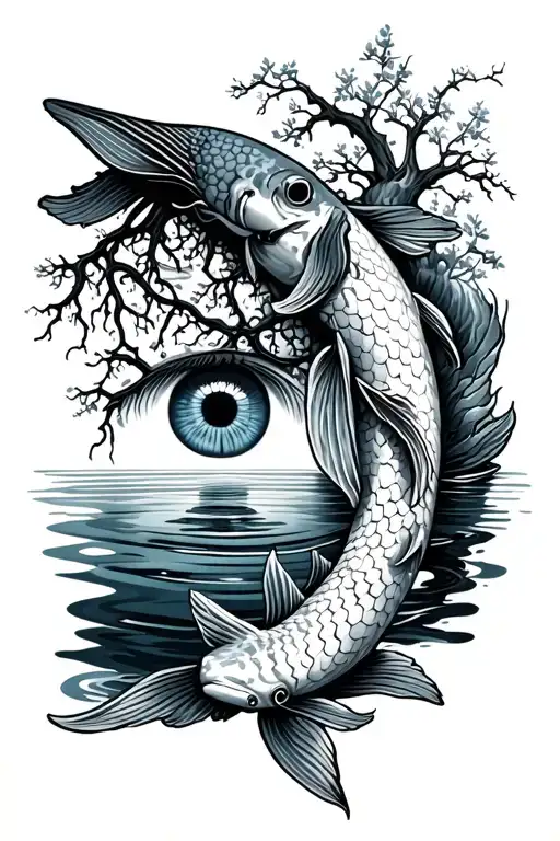 forearm sleeve koi fish, water, eye, tree and death tattoo design idea