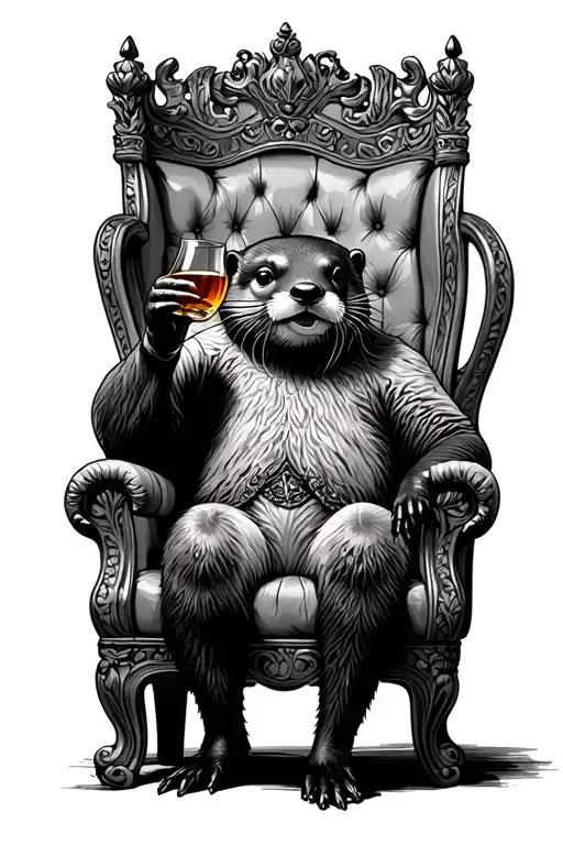 otter King in a king chair drinking whiskey  tattoo design idea