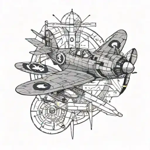 top down engineering drawing of a spitfire tattoo design idea
