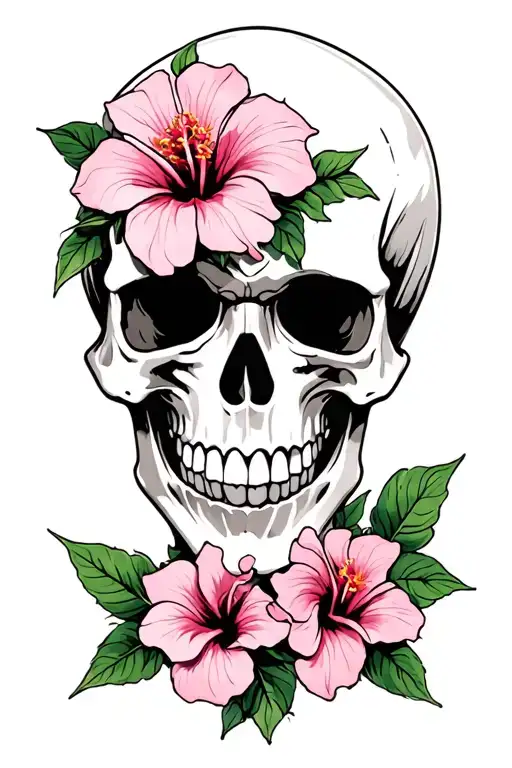 skull and hibiscus flower intertwined tattoo design idea