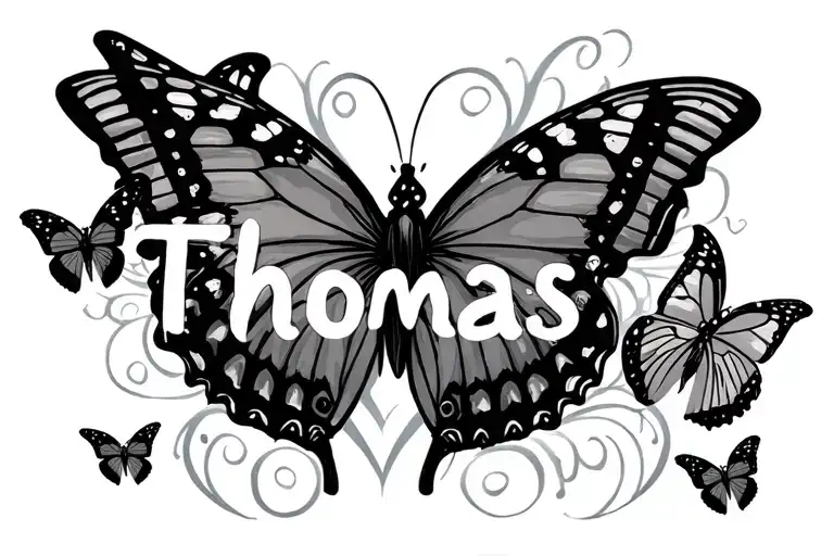 butterflies and hearts with the name Thomas inside tattoo design idea