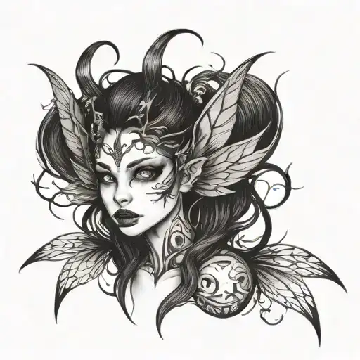 Dark fairy serious face tattoo design idea
