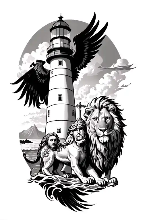 a lighthouse lion Phoenix and St Christopher correlated together in one tattoo tattoo design idea