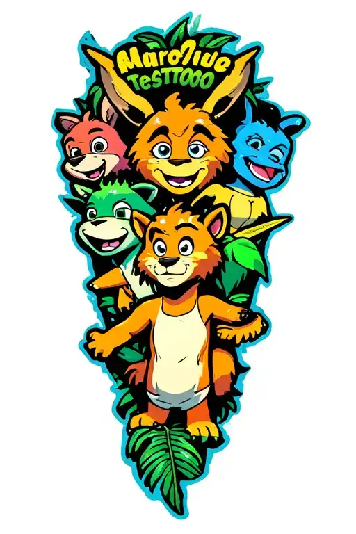 Nickelodeon cartoons from the 90s. One cohesive piece where they all interact with each other in the jungle tattoo design idea