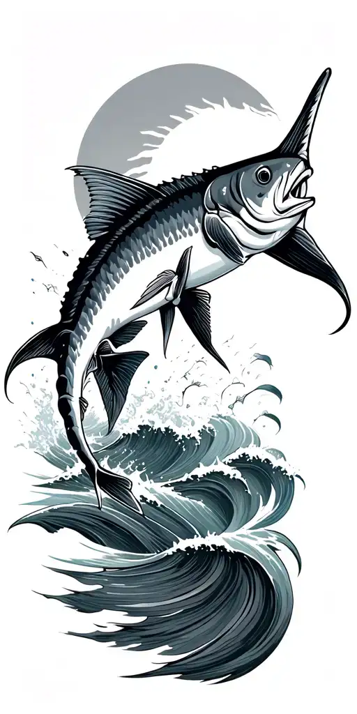 ocean waves with sailfish jumping with the sun in background  tattoo design idea