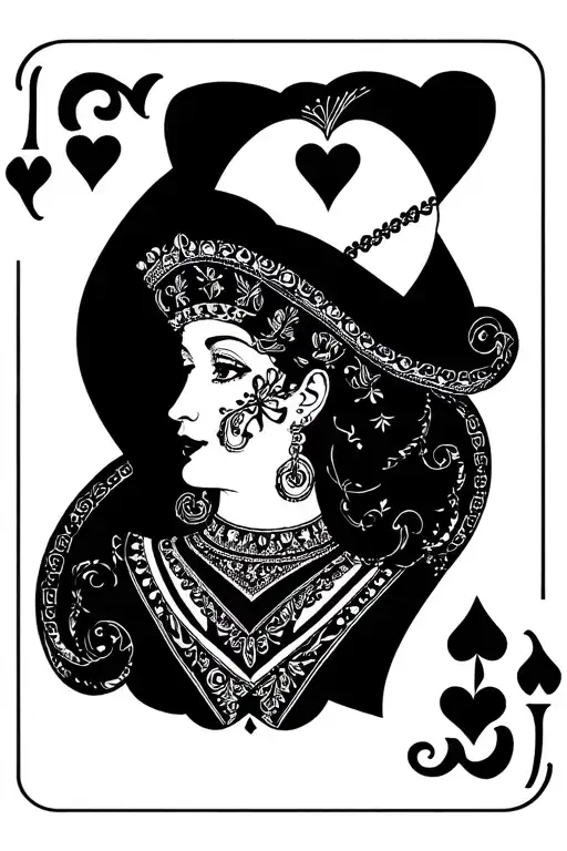 Queen of hearts card, Black and white drawing tattoo design idea