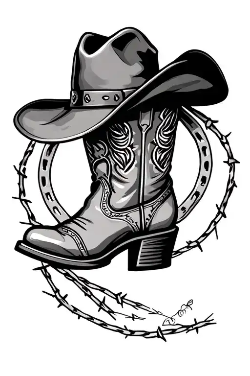 horseshoe cowboy boot,hat and barbwire vines tattoo design idea