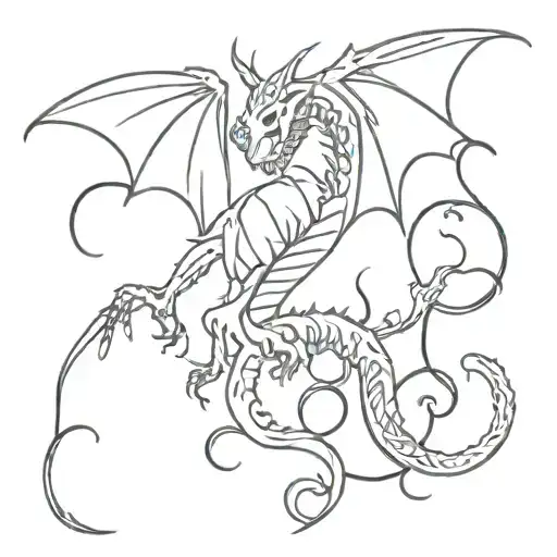 An intricate pattern of intertwined dragons and skeletons, with subtle slime accents throughout tattoo design idea