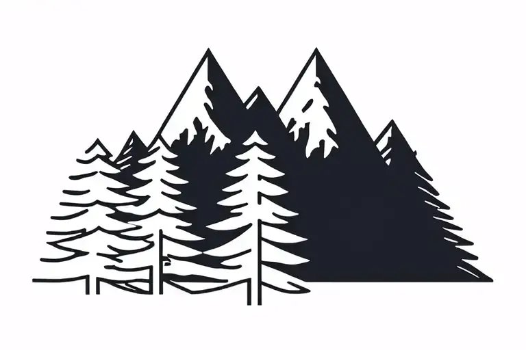 two mountains signifying parents and three pine trees representing children. very minimal tattoo design idea