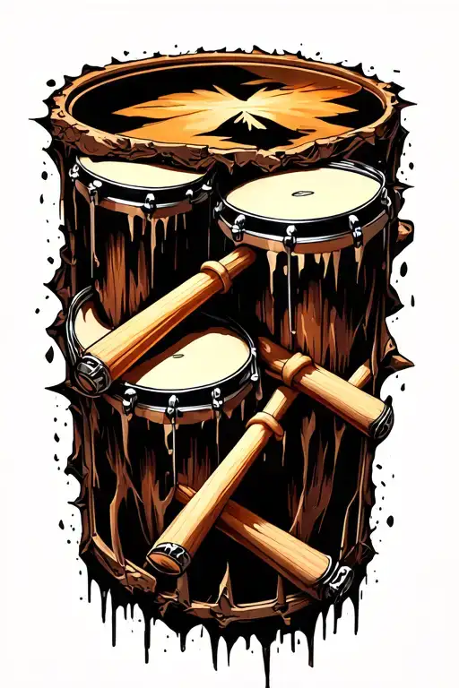 the inside of the forearm is visible through eroded Skin and reveals drum sticks instead of bones and organic Drums tattoo design idea