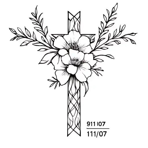 cross with the date 9/11/07 with flowers intertwined more feminine tattoo design idea