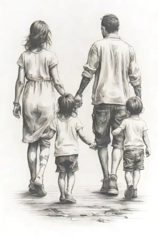 a girl and 2 small brothers walking away hand in hand tattoo design idea