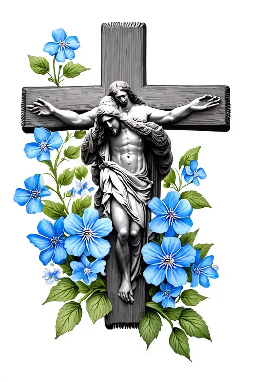 dainty jesus cross with blue forget me not flowers tattoo design idea