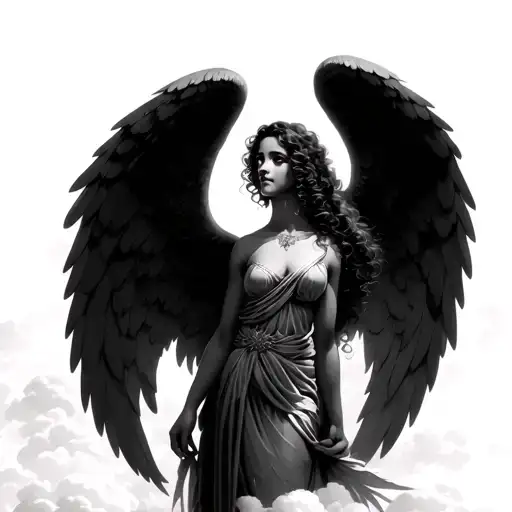 beautiful tan skin curly hair Latina guardian angel with big wings surrounded by clouds  tattoo design idea