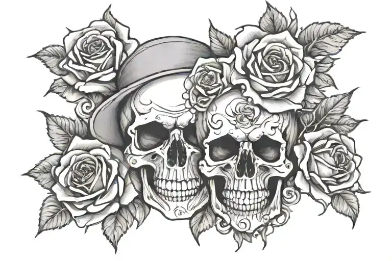 the name Justin W/ 3 roses and a skull  tattoo design idea