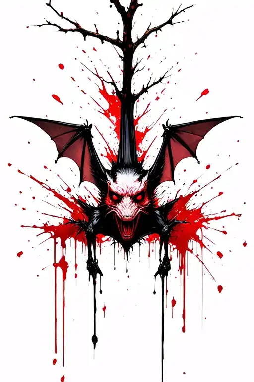 A gothic bat hanging upside from a creepy branch. tattoo design idea
