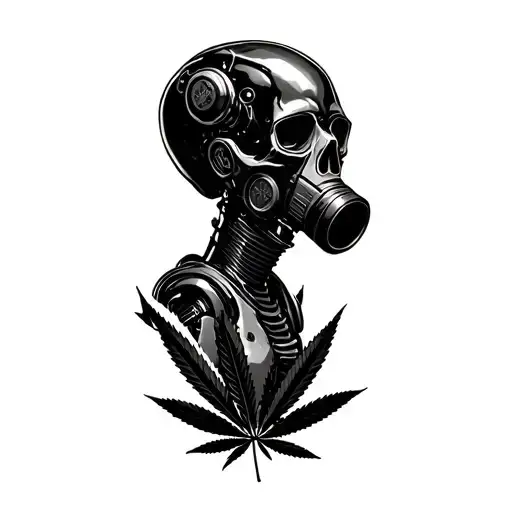 composition black skull robot with a gas mask, in the background a leaf of marijuana in black and white color tattoo design idea