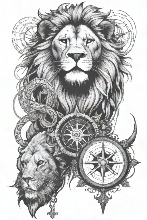 lion with cross on eye and compass under it tattoo design idea