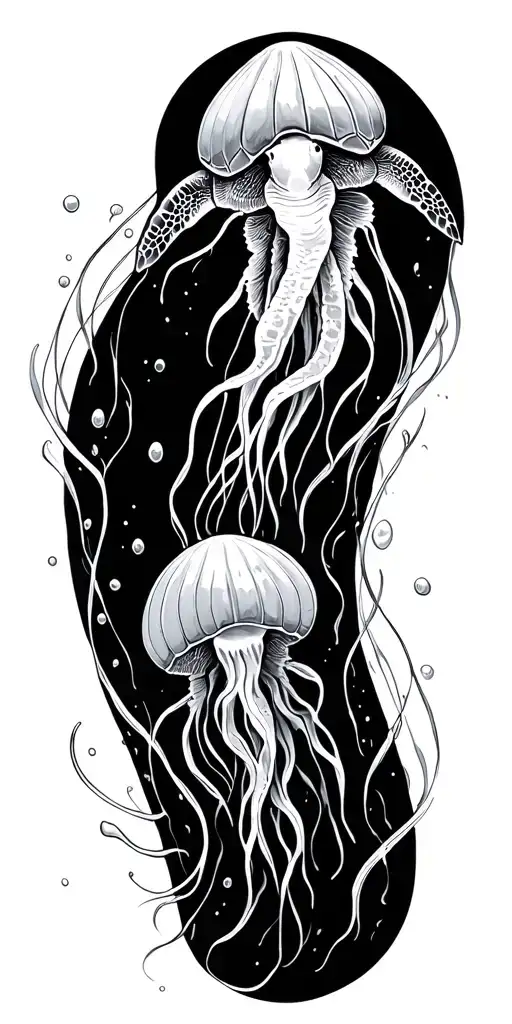ocean, shells, under water, turtle, jelly fish swimming tattoo design idea